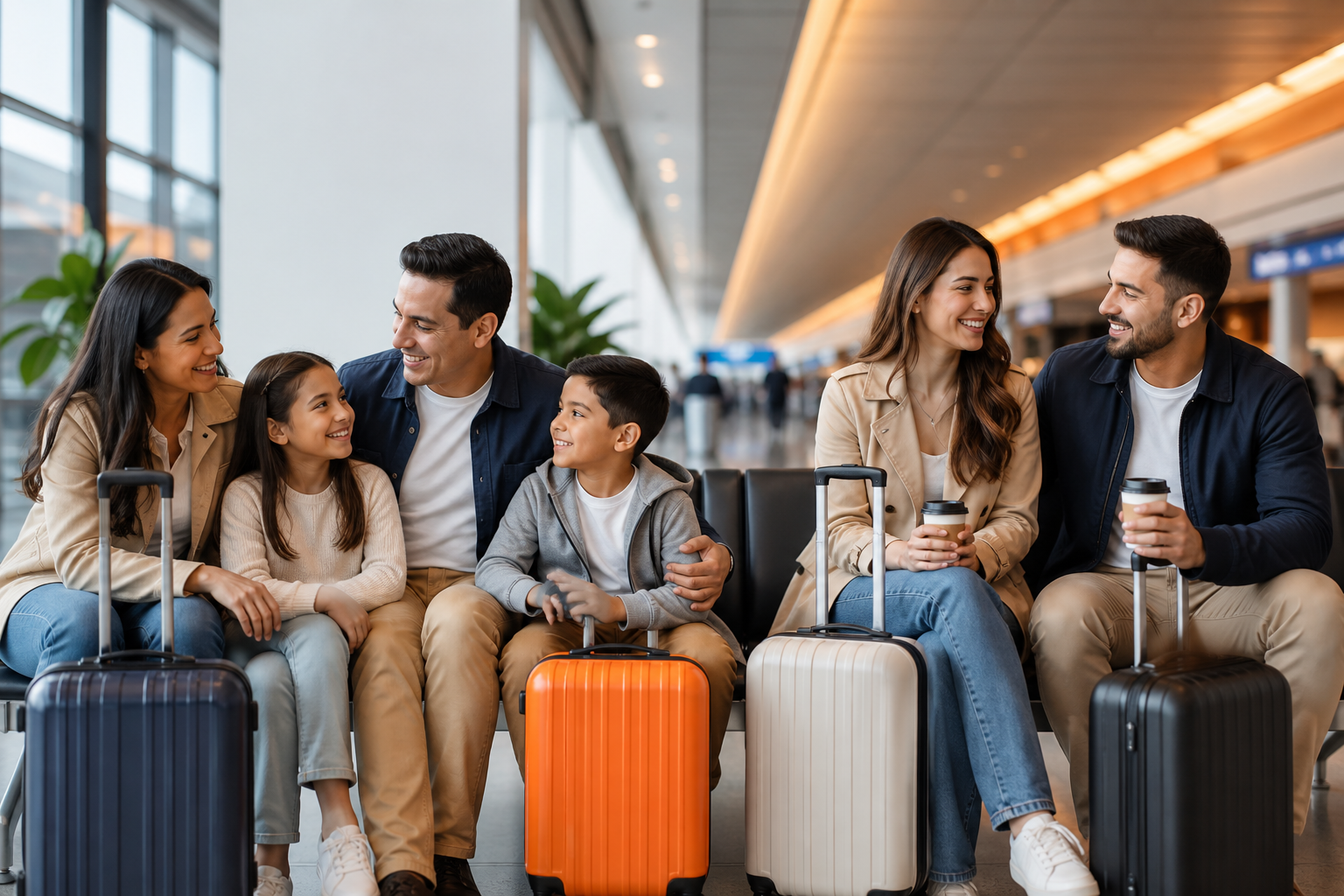 Familia y pareja listas para viajar con valijas en un aeropuerto